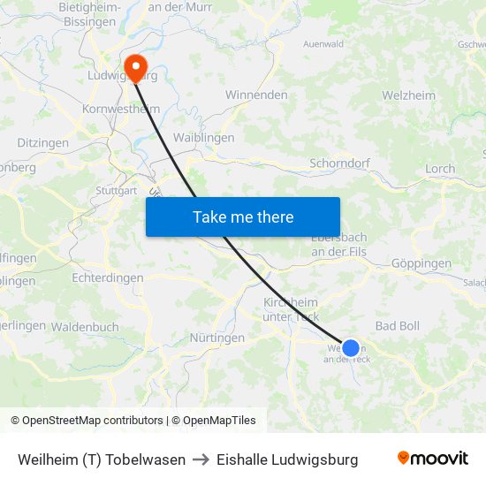 Weilheim (T) Tobelwasen to Eishalle Ludwigsburg map