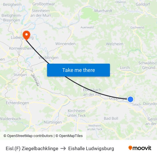 Eisl.(F) Ziegelbachklinge to Eishalle Ludwigsburg map