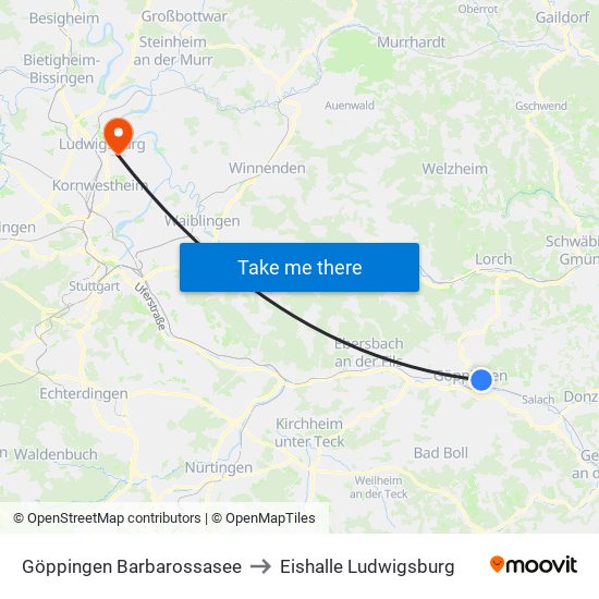 Göppingen Barbarossasee to Eishalle Ludwigsburg map