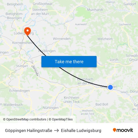Göppingen Hailingstraße to Eishalle Ludwigsburg map