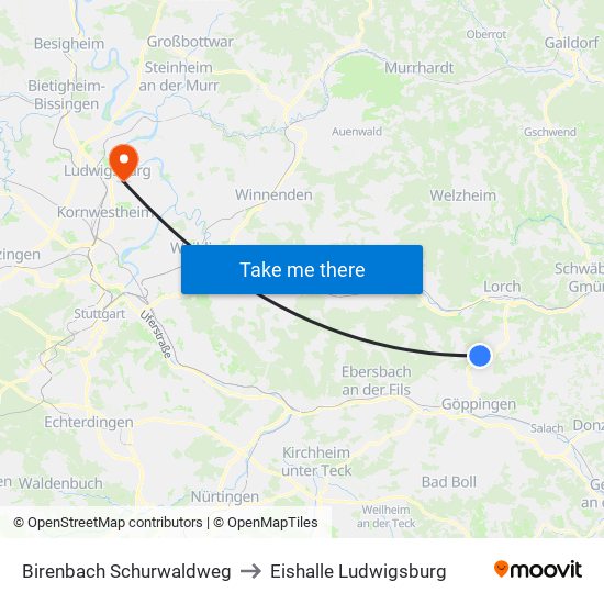 Birenbach Schurwaldweg to Eishalle Ludwigsburg map