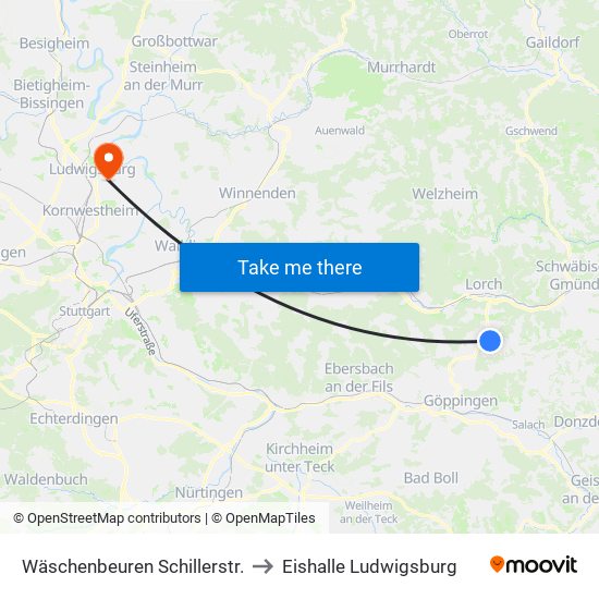 Wäschenbeuren Schillerstr. to Eishalle Ludwigsburg map