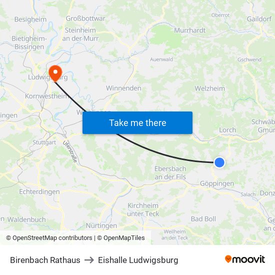 Birenbach Rathaus to Eishalle Ludwigsburg map