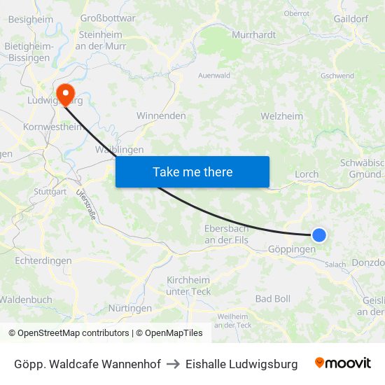 Göpp. Waldcafe Wannenhof to Eishalle Ludwigsburg map