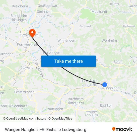 Wangen Hanglich to Eishalle Ludwigsburg map