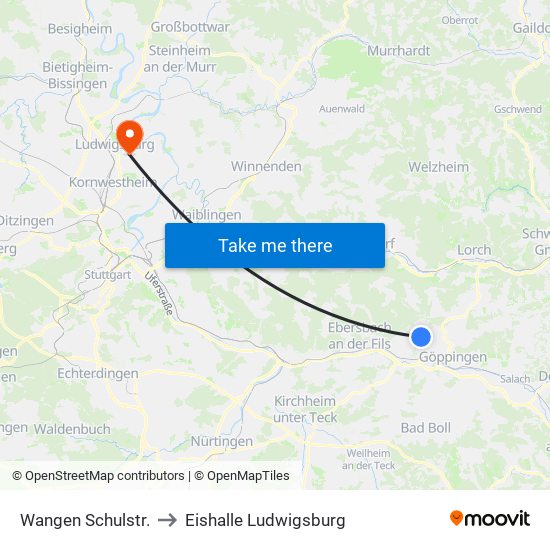 Wangen Schulstr. to Eishalle Ludwigsburg map