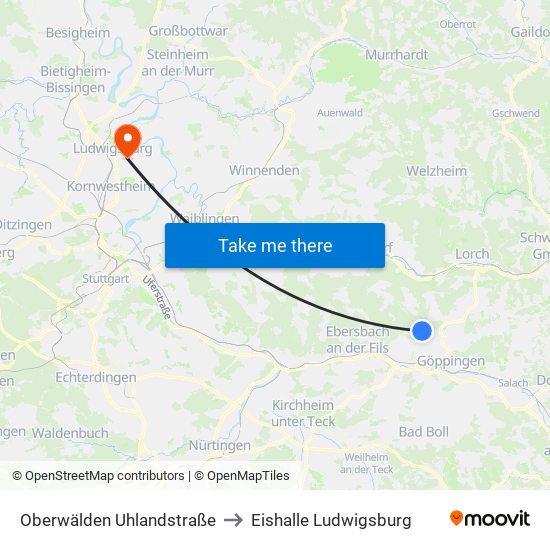 Oberwälden Uhlandstraße to Eishalle Ludwigsburg map