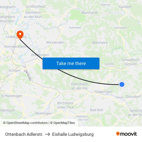 Ottenbach Adlerstr. to Eishalle Ludwigsburg map