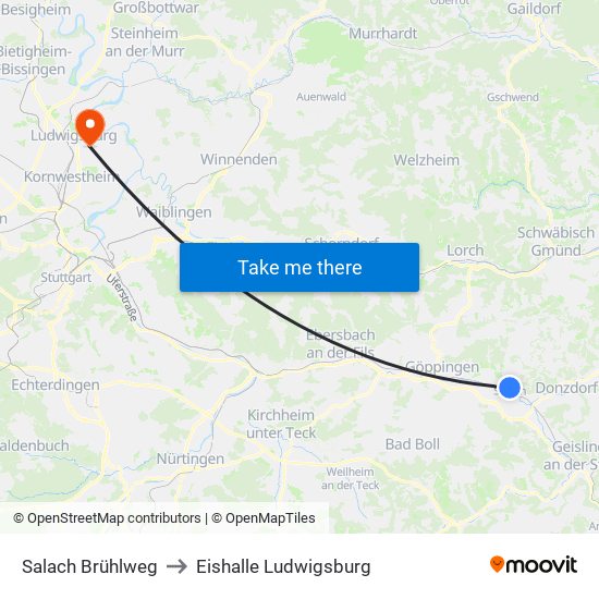 Salach Brühlweg to Eishalle Ludwigsburg map