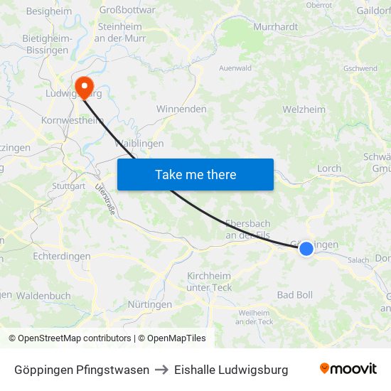 Göppingen Pfingstwasen to Eishalle Ludwigsburg map