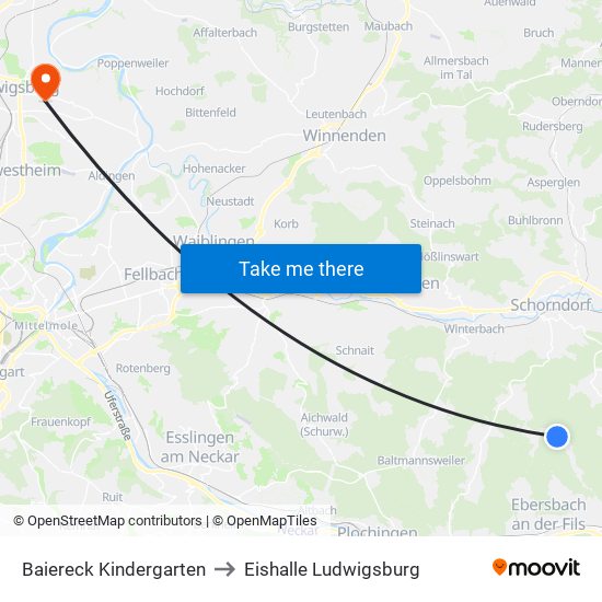 Baiereck Kindergarten to Eishalle Ludwigsburg map