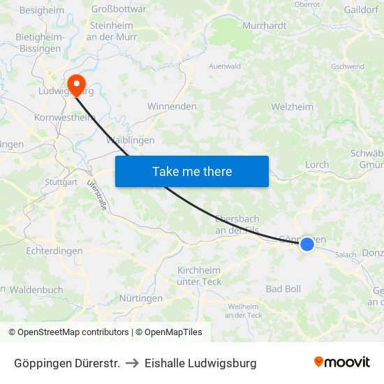 Göppingen Dürerstr. to Eishalle Ludwigsburg map