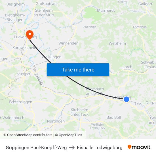 Göppingen Paul-Koepff-Weg to Eishalle Ludwigsburg map