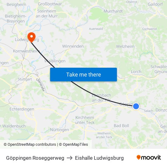 Göppingen Roseggerweg to Eishalle Ludwigsburg map