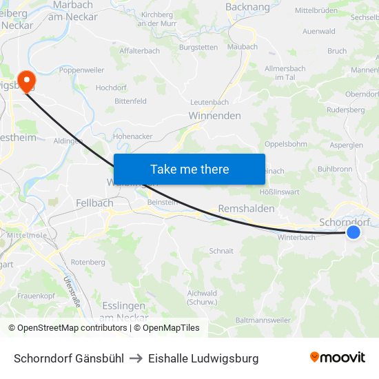 Schorndorf Gänsbühl to Eishalle Ludwigsburg map