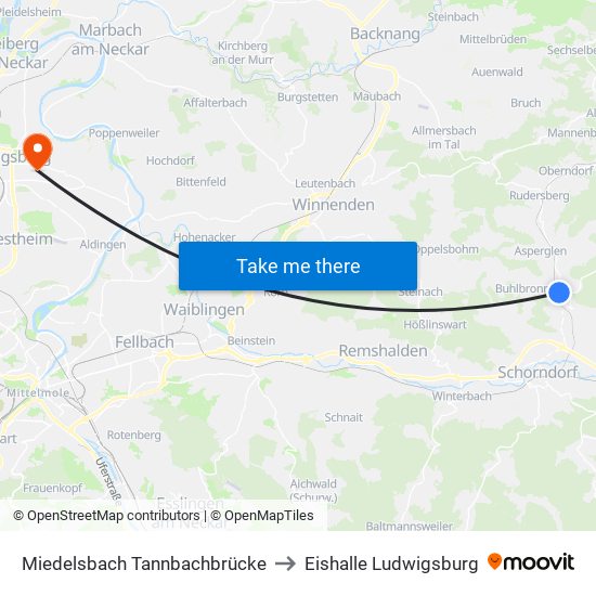 Miedelsbach Tannbachbrücke to Eishalle Ludwigsburg map