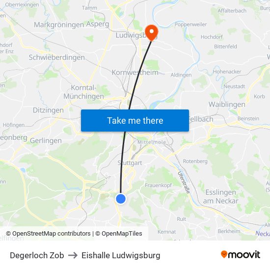 Degerloch Zob to Eishalle Ludwigsburg map