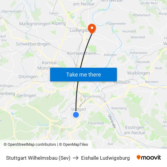 Stuttgart Wilhelmsbau (Sev) to Eishalle Ludwigsburg map