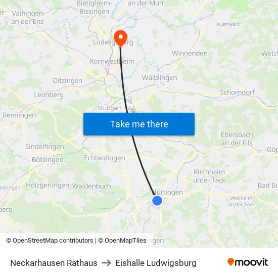 Neckarhausen Rathaus to Eishalle Ludwigsburg map