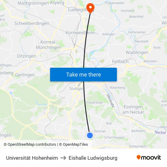 Universität Hohenheim to Eishalle Ludwigsburg map