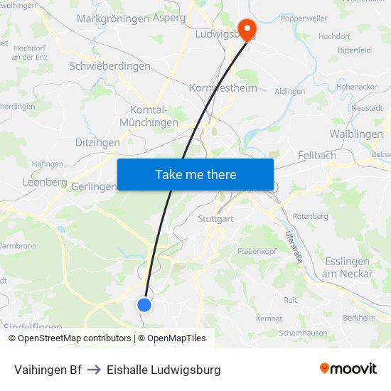 Vaihingen Bf to Eishalle Ludwigsburg map