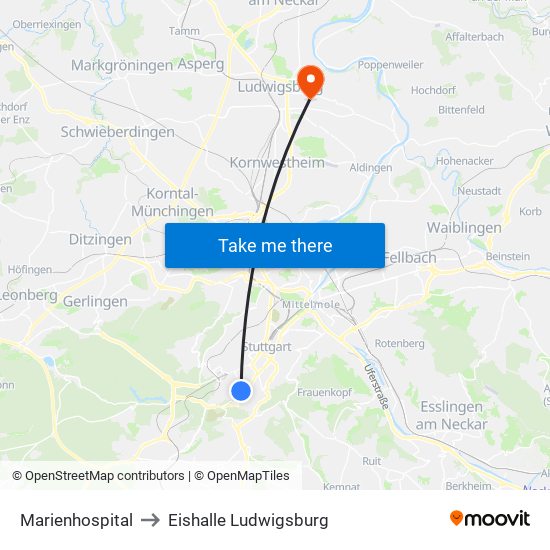 Marienhospital to Eishalle Ludwigsburg map