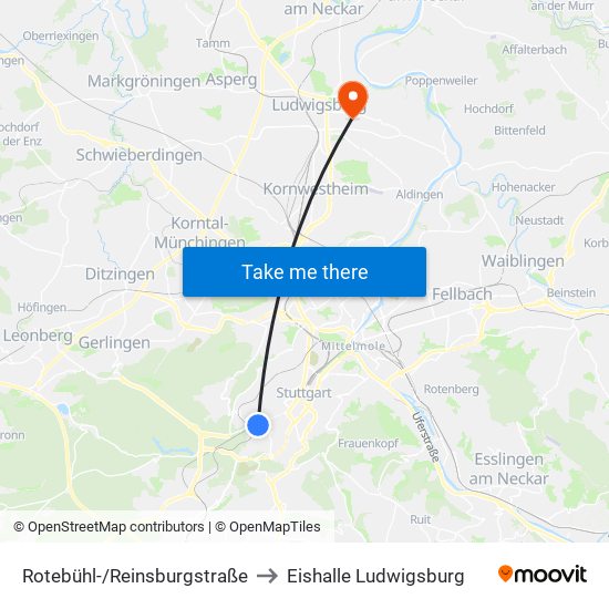 Rotebühl-/Reinsburgstraße to Eishalle Ludwigsburg map