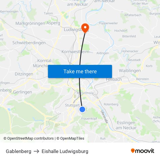 Gablenberg to Eishalle Ludwigsburg map