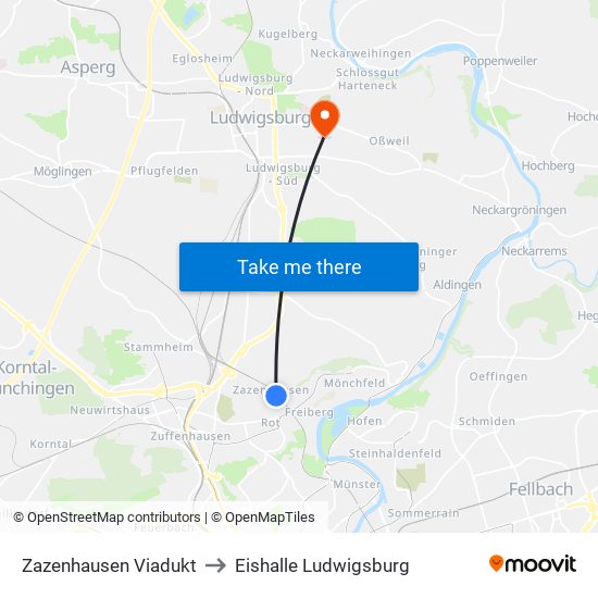 Zazenhausen Viadukt to Eishalle Ludwigsburg map