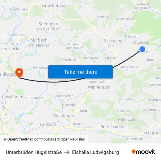 Unterbrüden Hügelstraße to Eishalle Ludwigsburg map