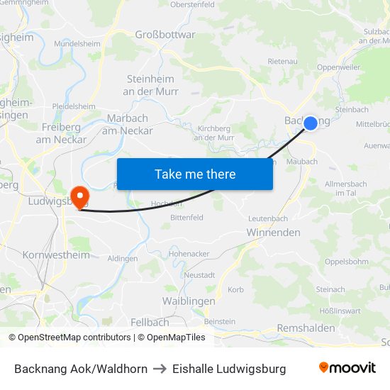 Backnang Aok/Waldhorn to Eishalle Ludwigsburg map