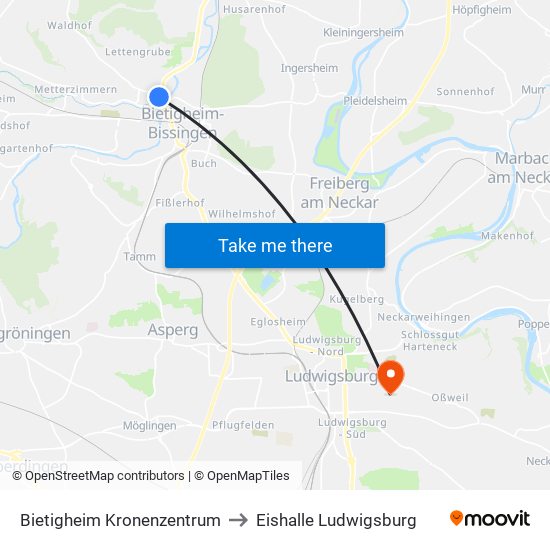 Bietigheim Kronenzentrum to Eishalle Ludwigsburg map