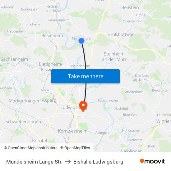 Mundelsheim Lange Str. to Eishalle Ludwigsburg map