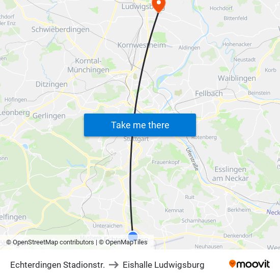 Echterdingen Stadionstr. to Eishalle Ludwigsburg map