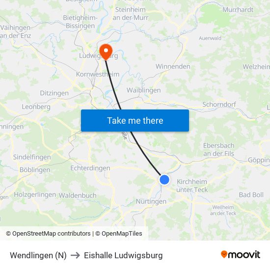 Wendlingen (N) to Eishalle Ludwigsburg map