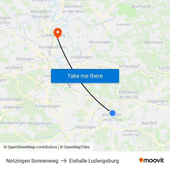 Notzingen Sonnenweg to Eishalle Ludwigsburg map