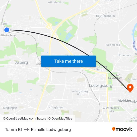 Tamm Bf to Eishalle Ludwigsburg map