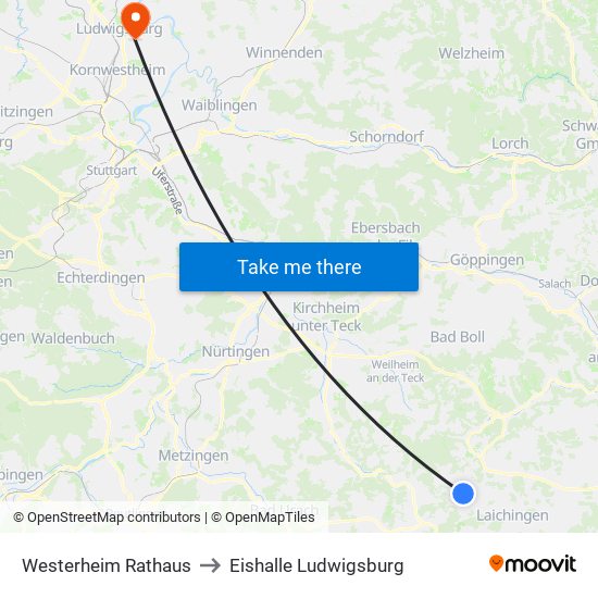Westerheim Rathaus to Eishalle Ludwigsburg map