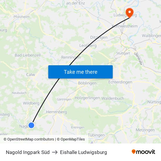 Nagold Ingpark Süd to Eishalle Ludwigsburg map