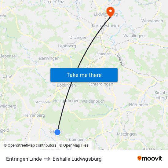 Entringen Linde to Eishalle Ludwigsburg map