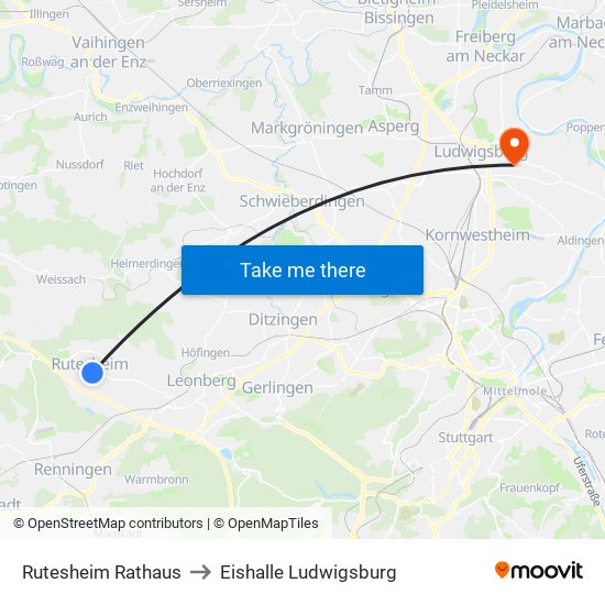 Rutesheim Rathaus to Eishalle Ludwigsburg map