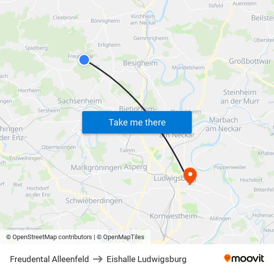 Freudental Alleenfeld to Eishalle Ludwigsburg map