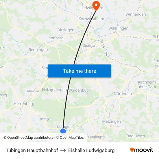 Tübingen Hauptbahnhof to Eishalle Ludwigsburg map