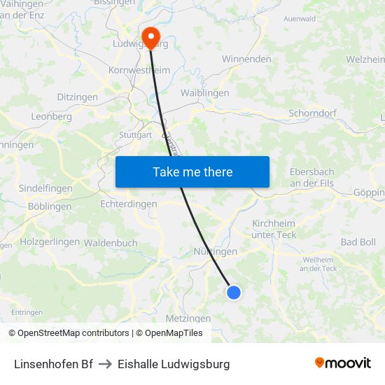Linsenhofen Bf to Eishalle Ludwigsburg map