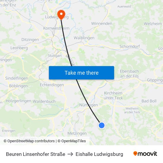 Beuren Linsenhofer Straße to Eishalle Ludwigsburg map