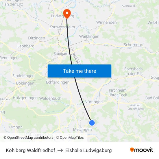 Kohlberg Waldfriedhof to Eishalle Ludwigsburg map