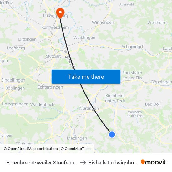 Erkenbrechtsweiler Staufenstr. to Eishalle Ludwigsburg map