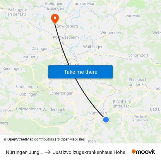 Nürtingen Jungborn to Justizvollzugskrankenhaus Hohenasperg map