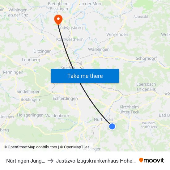 Nürtingen Jungborn to Justizvollzugskrankenhaus Hohenasperg map