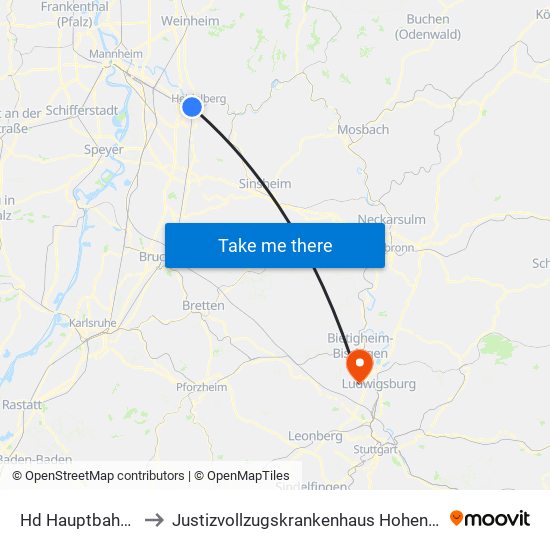 Hd Hauptbahnhof to Justizvollzugskrankenhaus Hohenasperg map